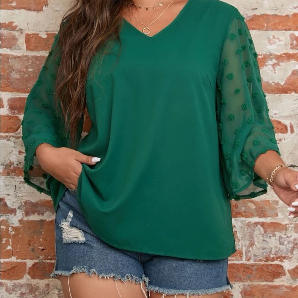 Plus size dusty pink Swiss dot sleeve V neck blouse - Picture 16 of 16